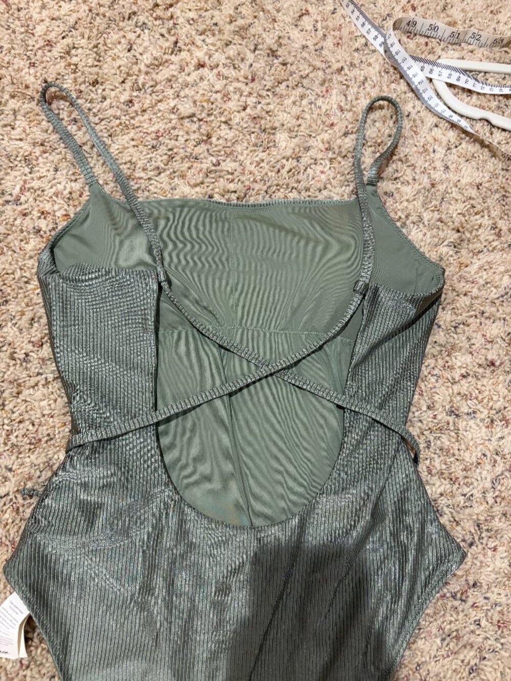 Aerie Shine Ribbed Strappy Scoop Olive Green One Piece Wrap Around Tie Swimsuit - Picture 10 of 11